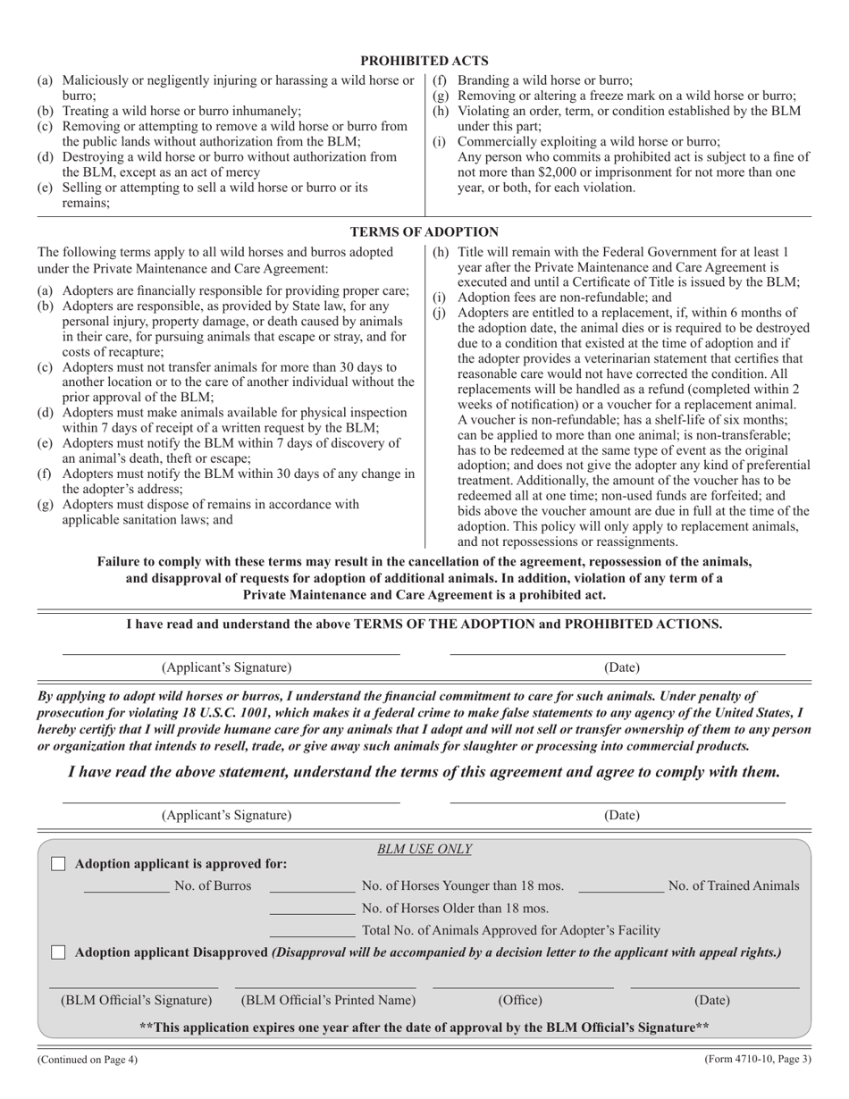 Form 4710-010 Application for Adoption  Sale of Wild Horses or Burros, Page 3