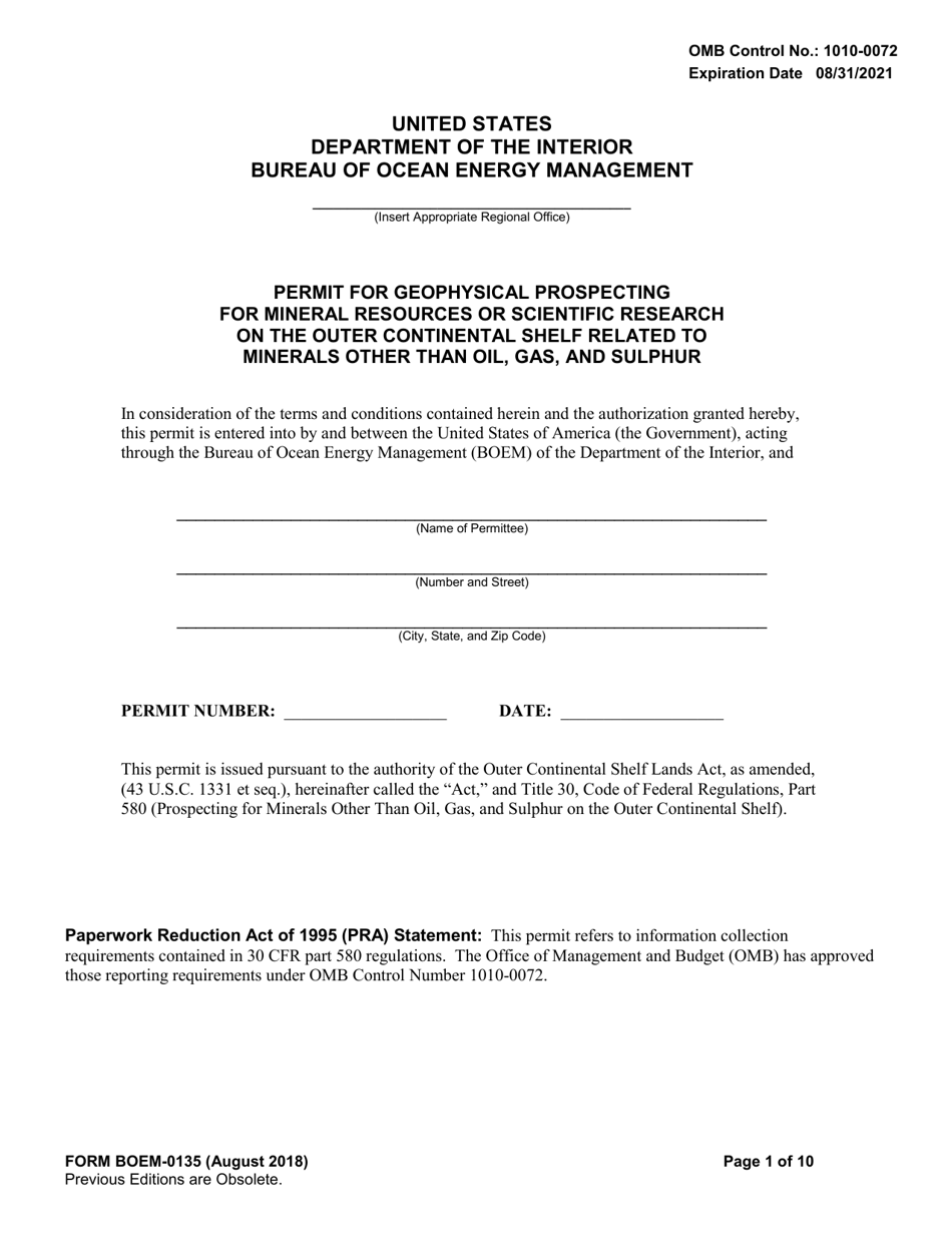 Form BOEM-0135 Permit for Geophysical Prospecting for Mineral Resources or Scientific Research on the Outer Continental Shelf Related to Minerals Other Than Oil, Gas, and Sulphur, Page 1