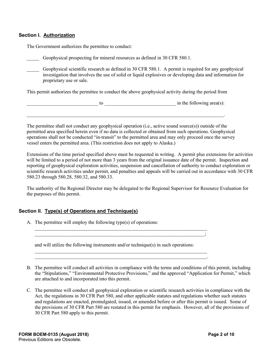 Form BOEM-0135 Permit for Geophysical Prospecting for Mineral Resources or Scientific Research on the Outer Continental Shelf Related to Minerals Other Than Oil, Gas, and Sulphur, Page 2