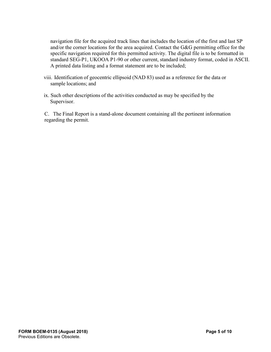 Form BOEM-0135 Permit for Geophysical Prospecting for Mineral Resources or Scientific Research on the Outer Continental Shelf Related to Minerals Other Than Oil, Gas, and Sulphur, Page 5