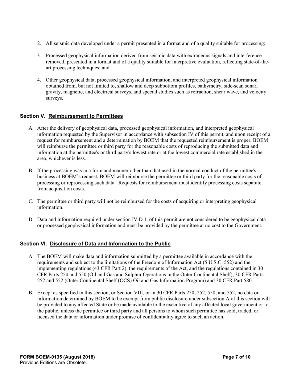 Form BOEM-0135 Permit for Geophysical Prospecting for Mineral Resources or Scientific Research on the Outer Continental Shelf Related to Minerals Other Than Oil, Gas, and Sulphur, Page 7