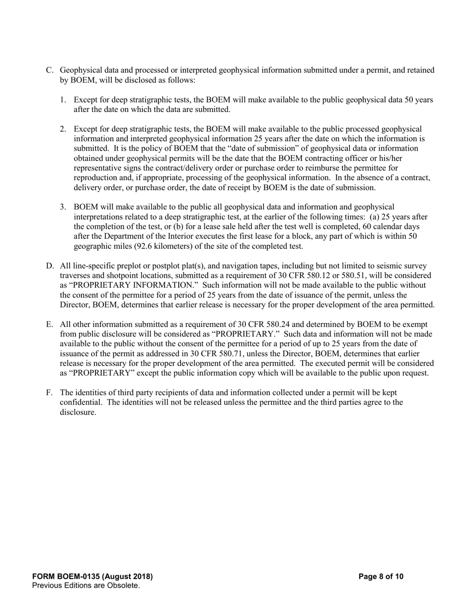 Form BOEM-0135 Permit for Geophysical Prospecting for Mineral Resources or Scientific Research on the Outer Continental Shelf Related to Minerals Other Than Oil, Gas, and Sulphur, Page 8