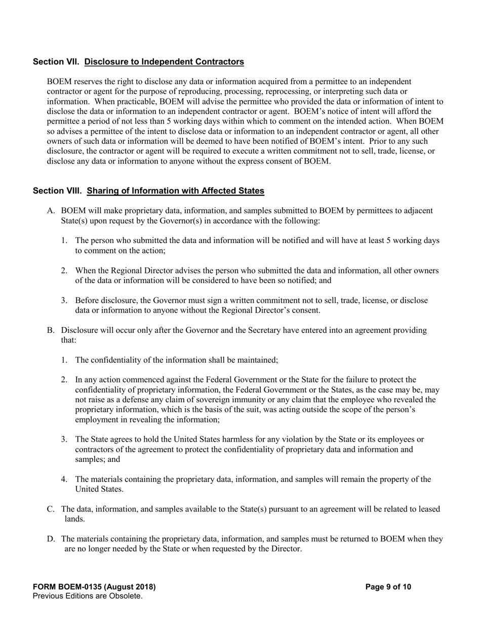 Form BOEM-0135 Permit for Geophysical Prospecting for Mineral Resources or Scientific Research on the Outer Continental Shelf Related to Minerals Other Than Oil, Gas, and Sulphur, Page 9