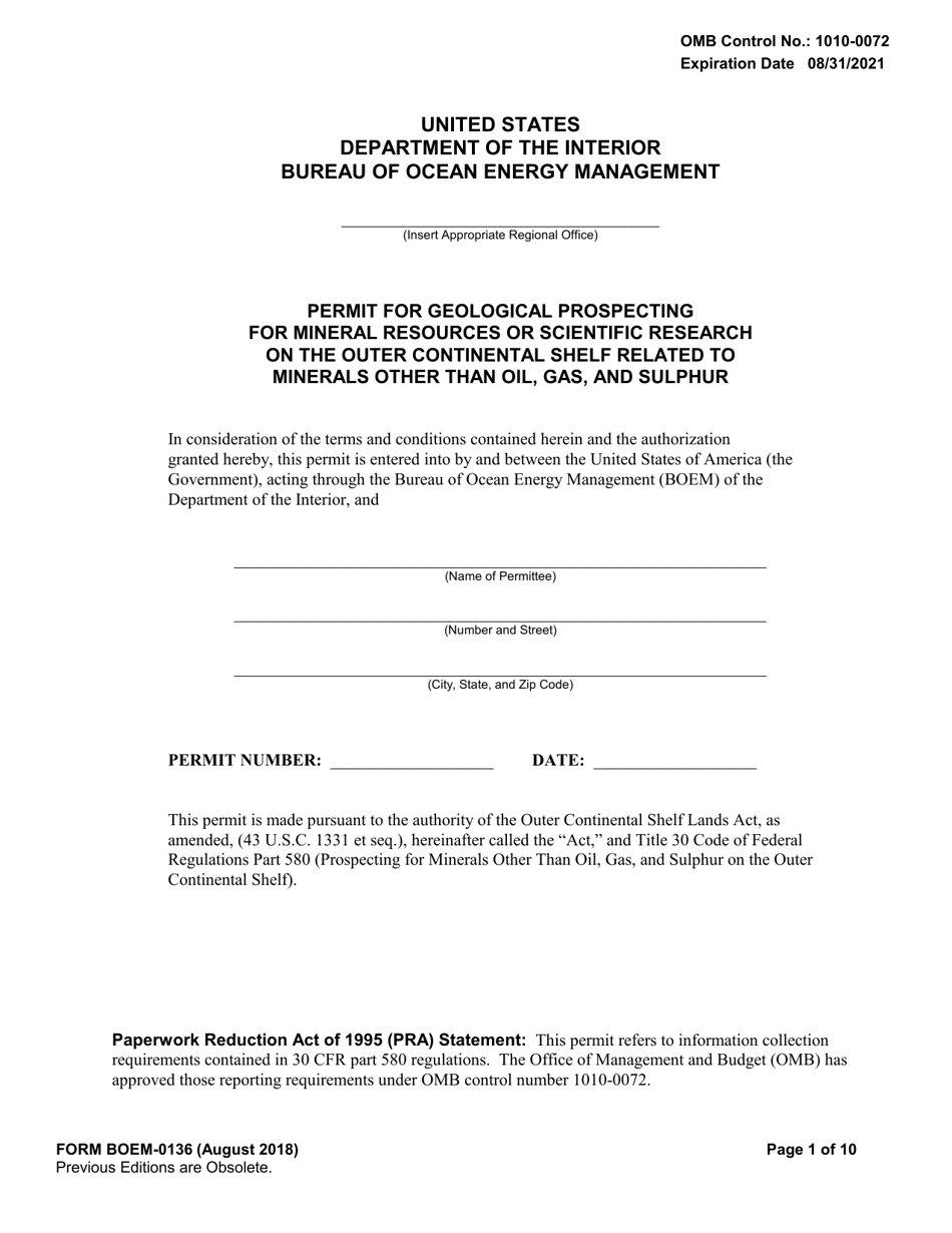 Form BOEM-0136 Permit for Geological Prospecting for Mineral Resources or Scientific Research on the Outer Continental Shelf Related to Minerals Other Than Oil., Gas, and Sulphur, Page 1