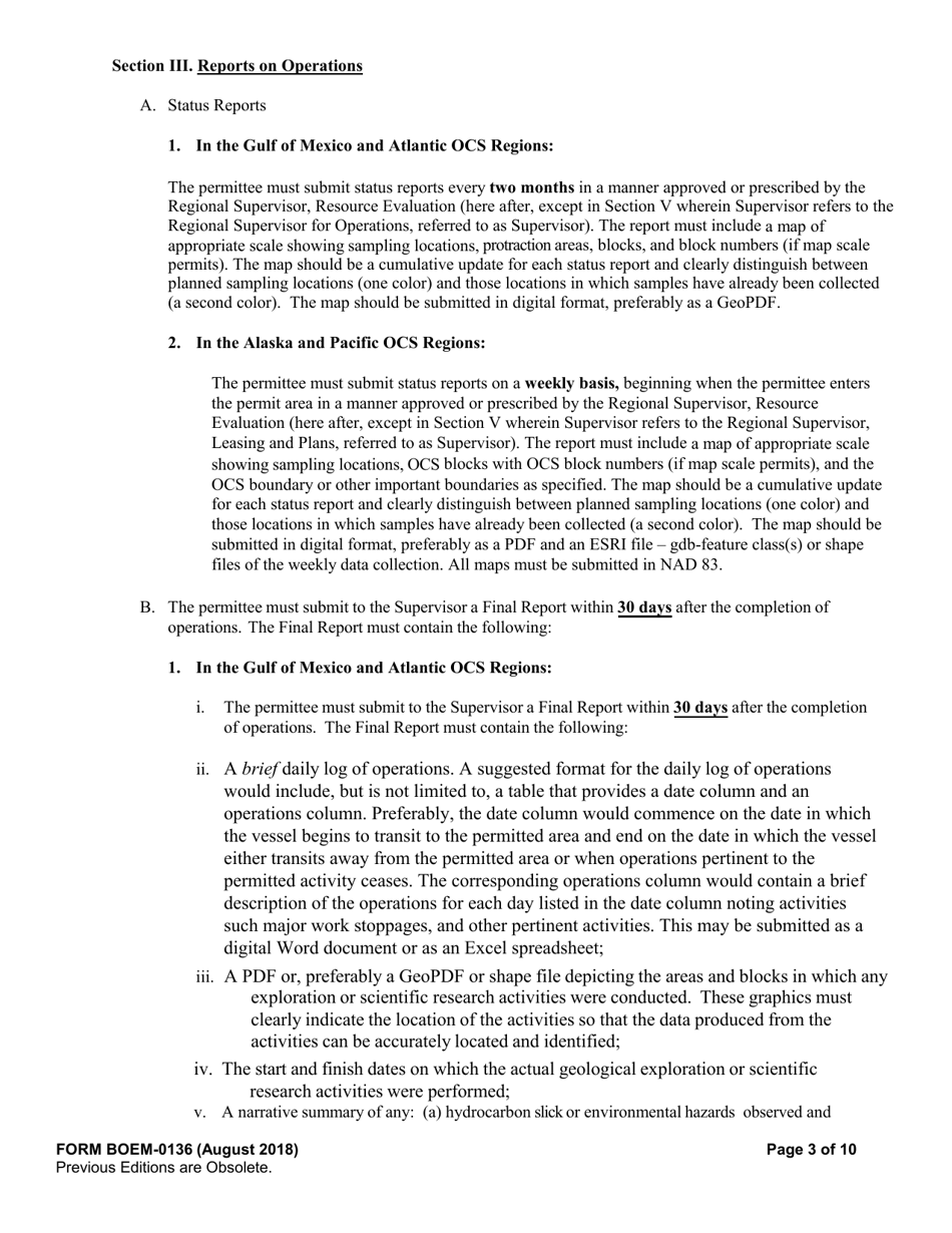 Form BOEM-0136 Permit for Geological Prospecting for Mineral Resources or Scientific Research on the Outer Continental Shelf Related to Minerals Other Than Oil., Gas, and Sulphur, Page 3