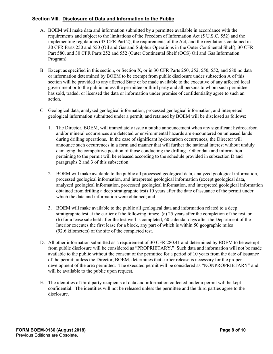 Form BOEM-0136 Permit for Geological Prospecting for Mineral Resources or Scientific Research on the Outer Continental Shelf Related to Minerals Other Than Oil., Gas, and Sulphur, Page 8