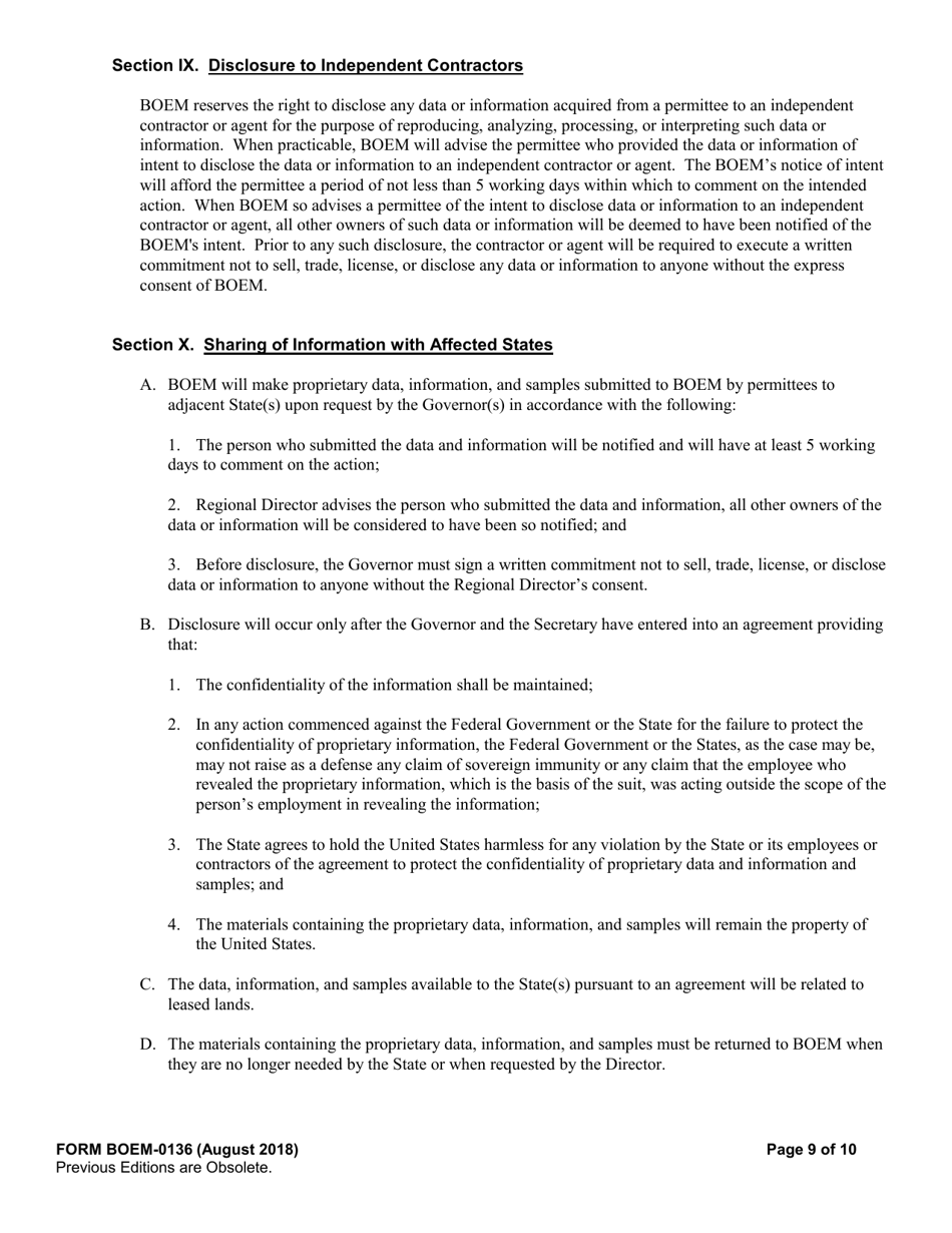 Form BOEM-0136 Permit for Geological Prospecting for Mineral Resources or Scientific Research on the Outer Continental Shelf Related to Minerals Other Than Oil., Gas, and Sulphur, Page 9