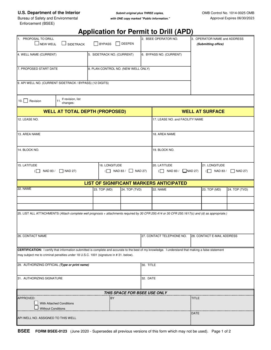 Form BSEE-0123 Application for Permit to Drill (Apd), Page 1