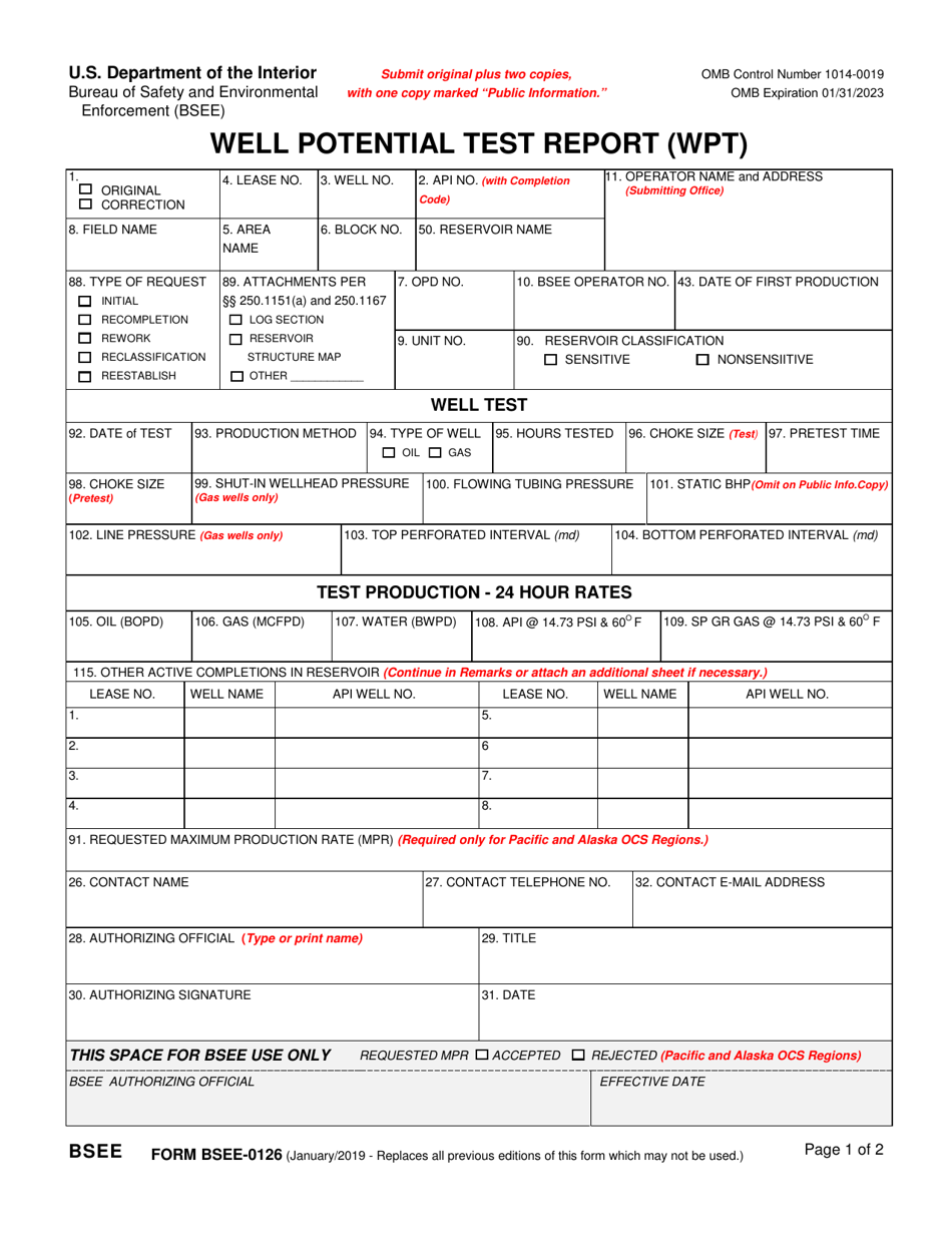 Form BSEE-0126 Well Potential Test Report (Wpt), Page 1