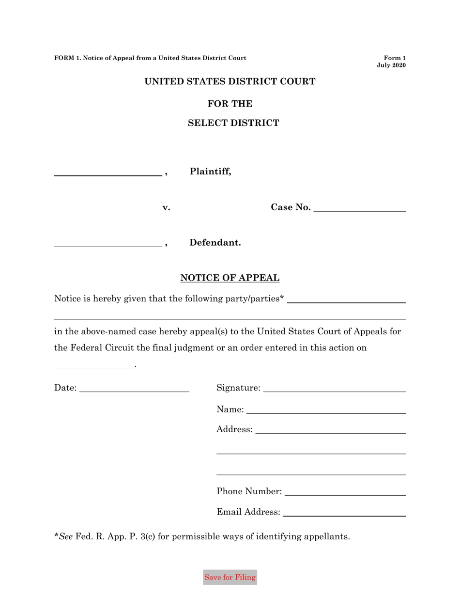 Form 1 Notice of Appeal From a United States District Court, Page 1