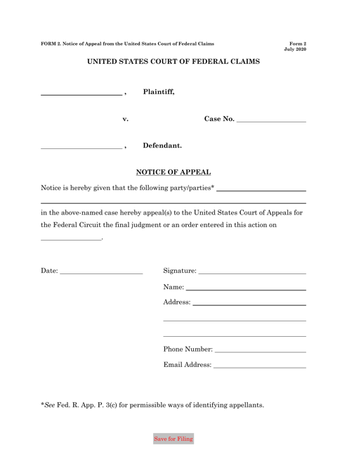 Form 2 Notice of Appeal From the United States Court of Federal Claims