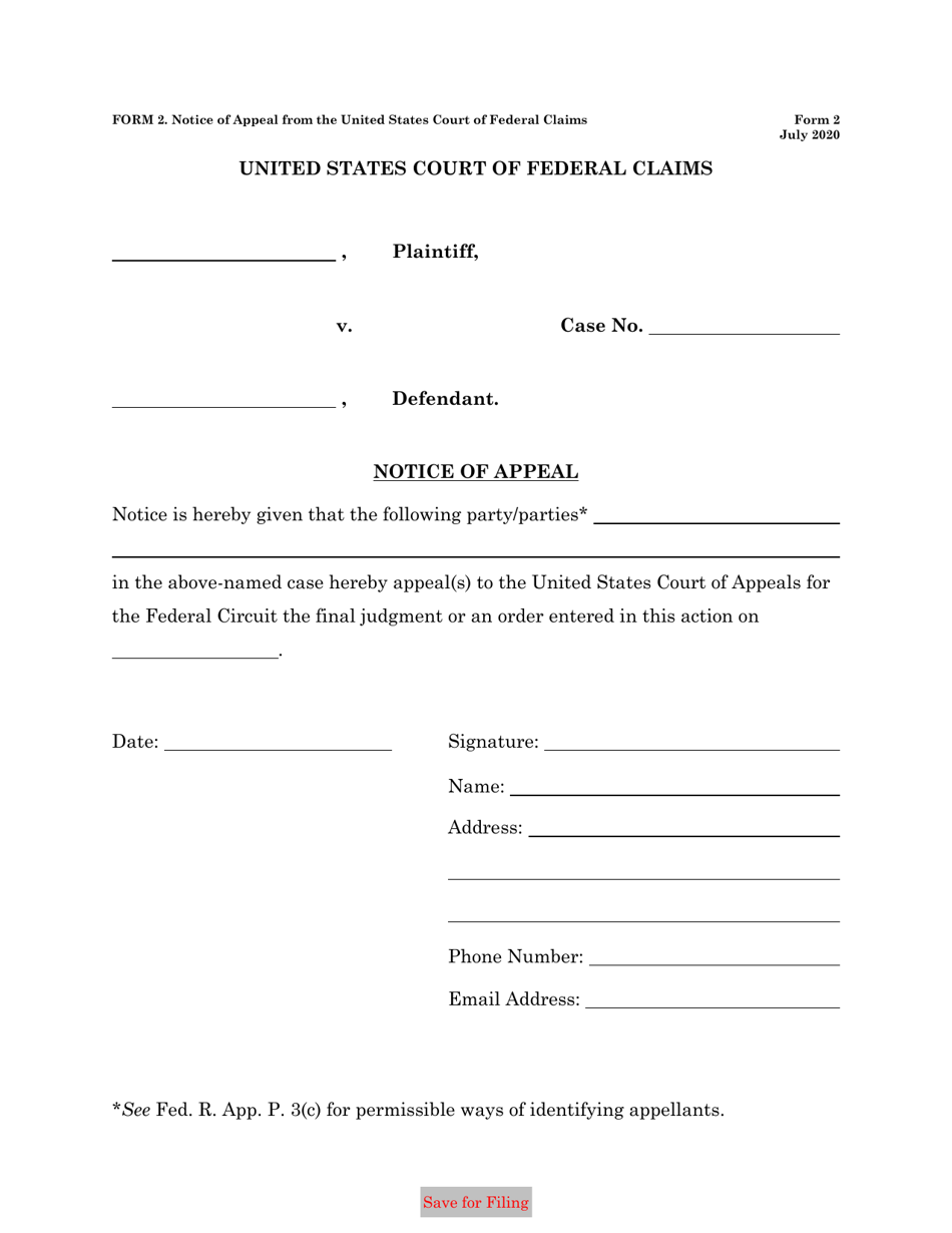 Form 2 Notice of Appeal From the United States Court of Federal Claims, Page 1