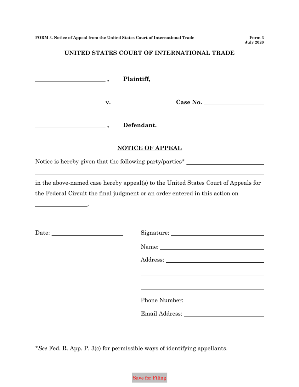 Form 3 Notice of Appeal From the United States Court of International Trade, Page 1