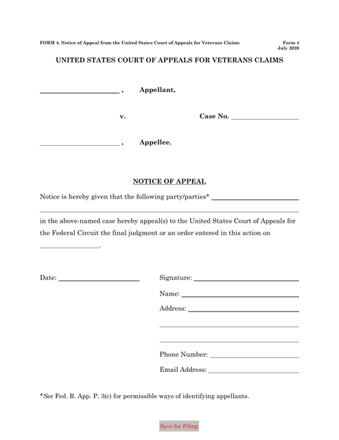 Form 4 Notice of Appeal From the United States Court of Appeals for Veterans Claims