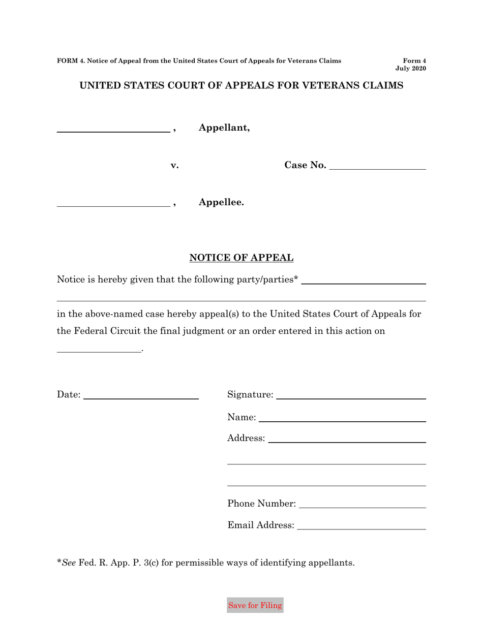 Form 4 Notice of Appeal From the United States Court of Appeals for Veterans Claims, Page 1