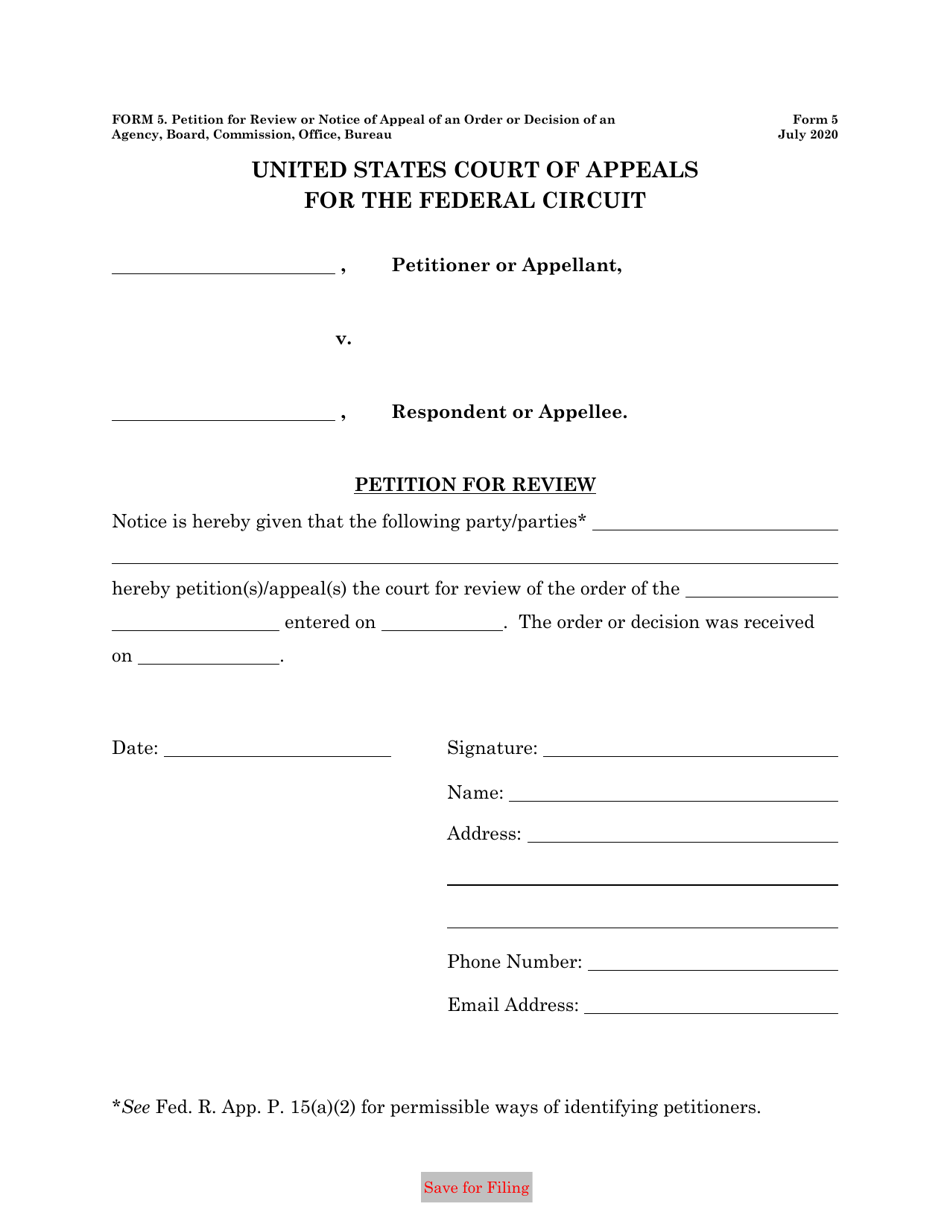 Form 5 Petition for Review of an Order or Decision of an Agency, Board, Commission, or Officer, Page 1