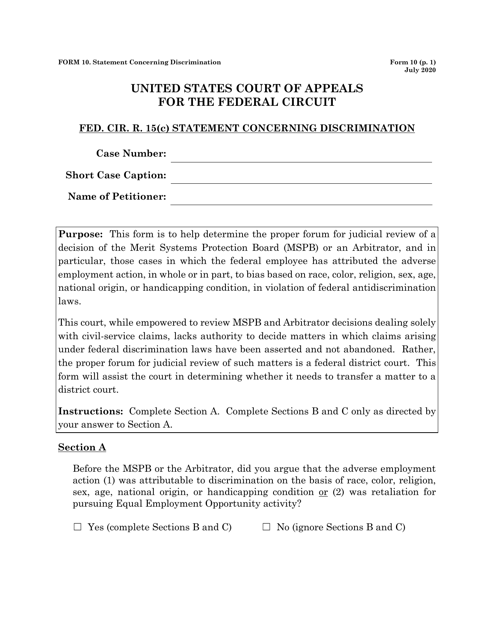 Form 10 Fed Cir. R. 15(C) Statement Concerning Discrimination