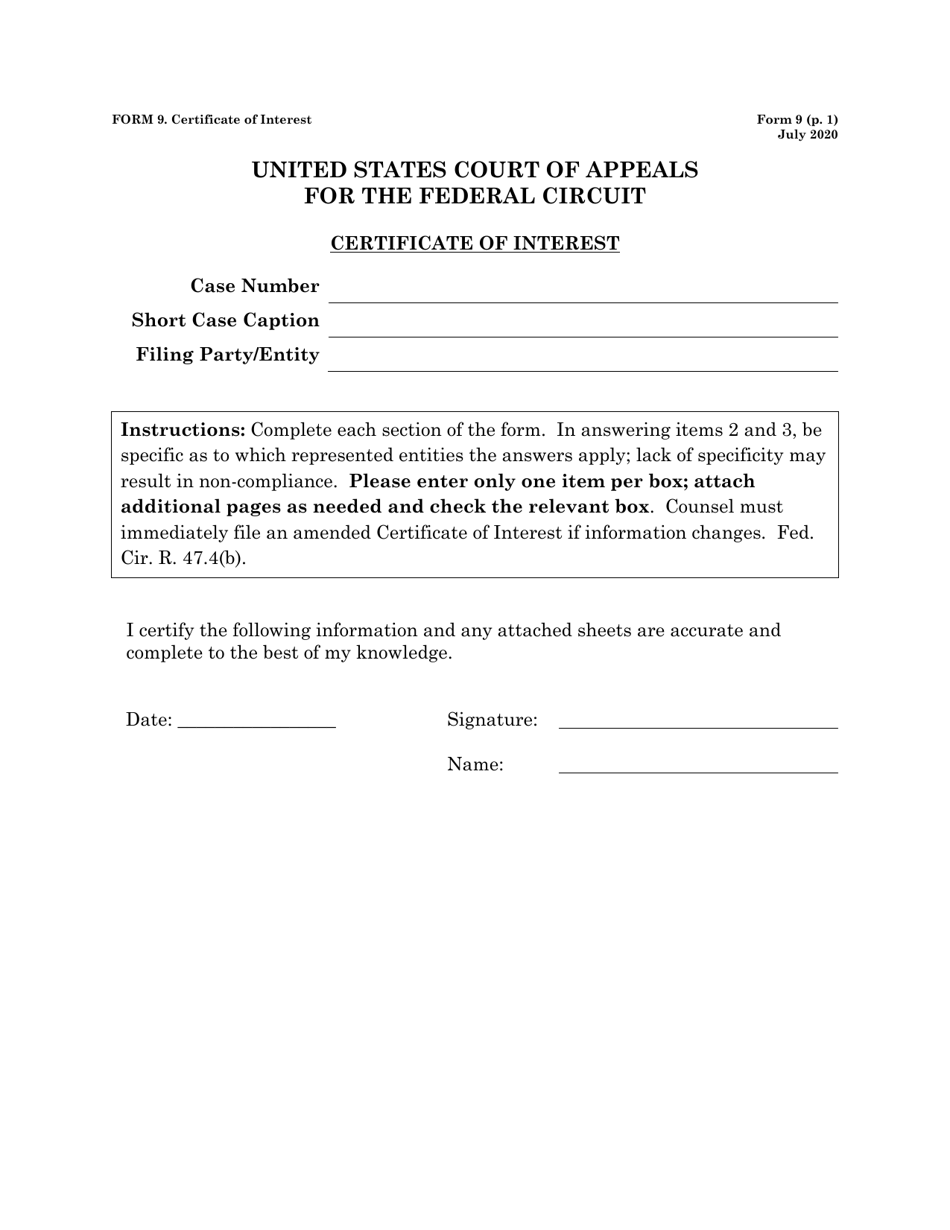 Form 9 Certificate of Interest, Page 1