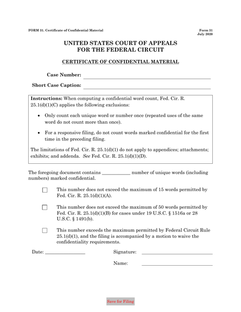Form 31 Certificate of Confidential Material