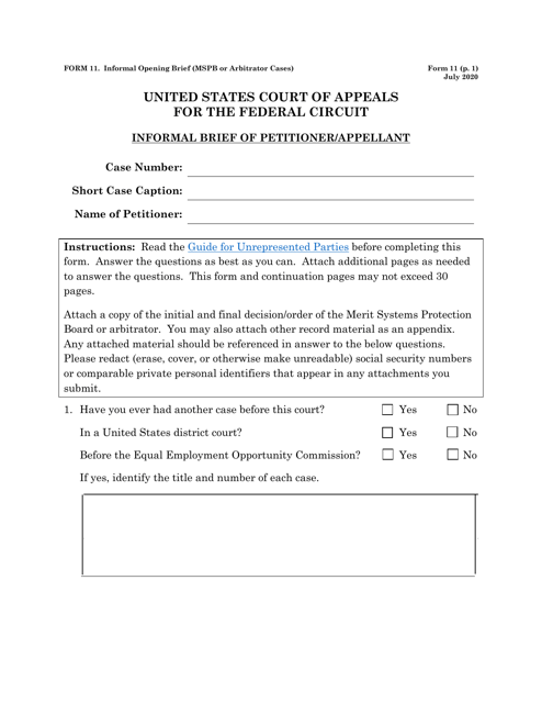 Form 11 Informal Brief of Petitioner/Appelant (Mspb or Arbitrator Cases)
