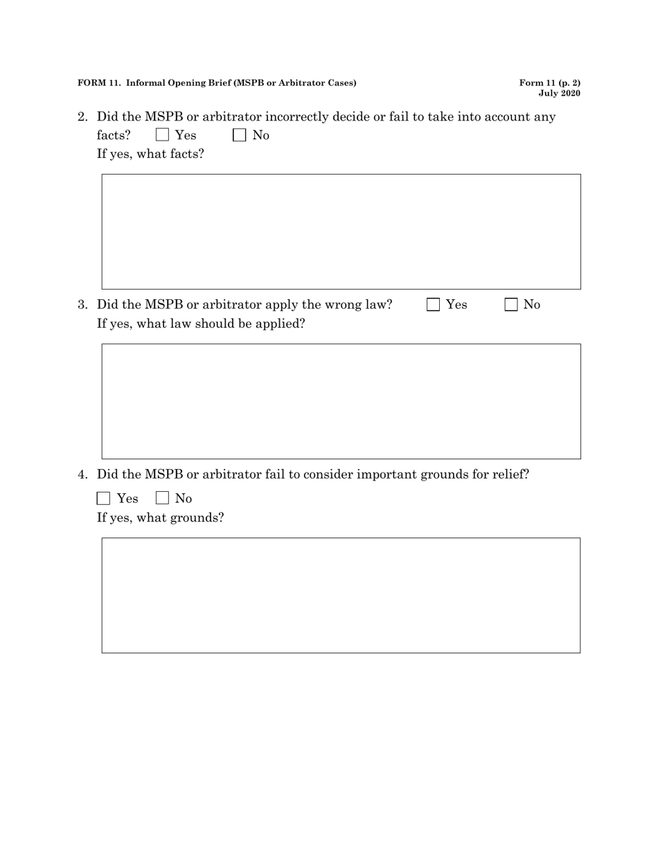 Form 11 Informal Brief of Petitioner / Appelant (Mspb or Arbitrator Cases), Page 2