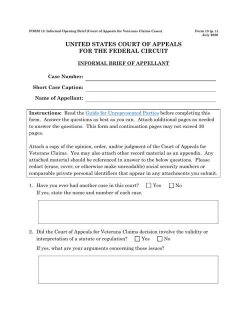 Form 13 Informal Brief (Court of Appeals for Veterans Claims Cases)
