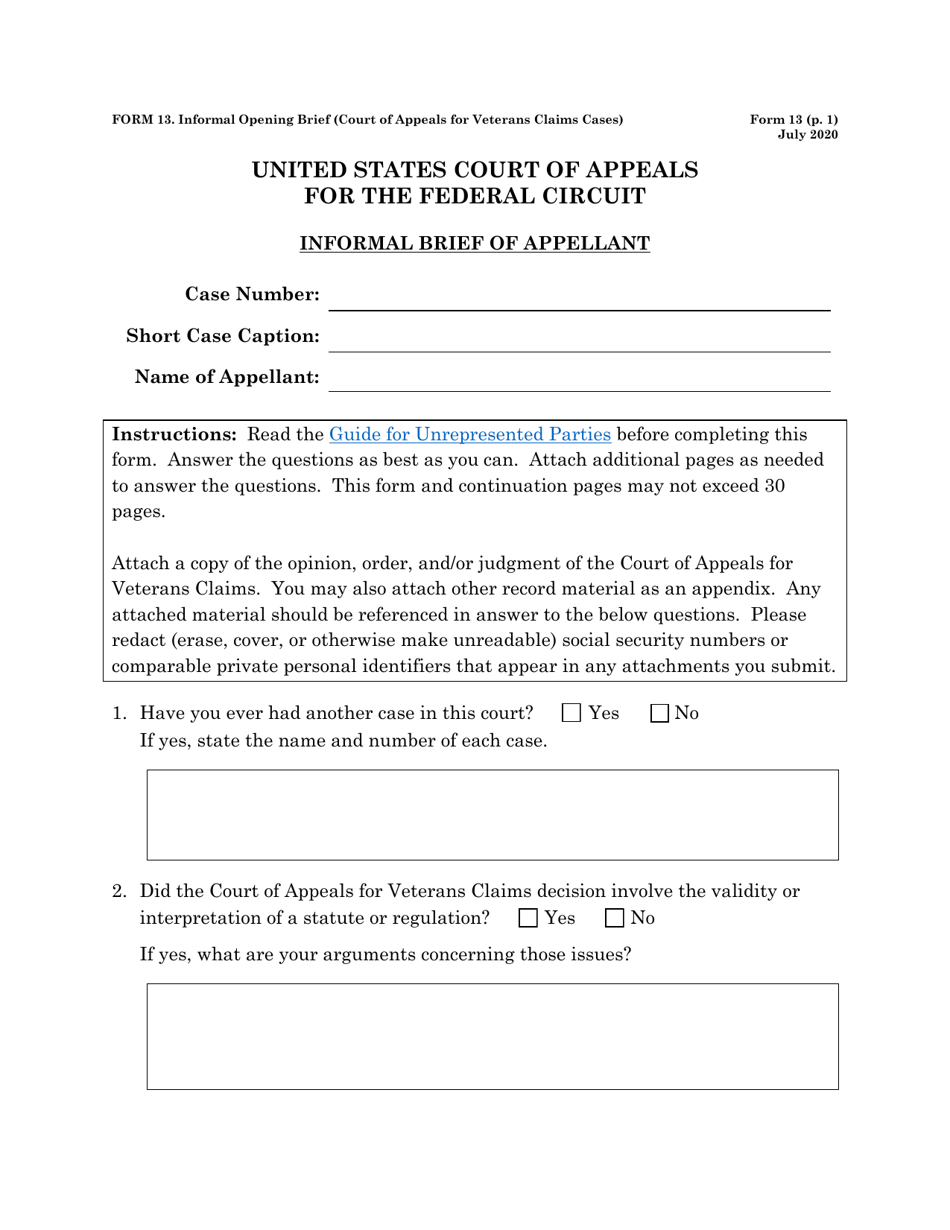 Form 13 Informal Brief (Court of Appeals for Veterans Claims Cases), Page 1