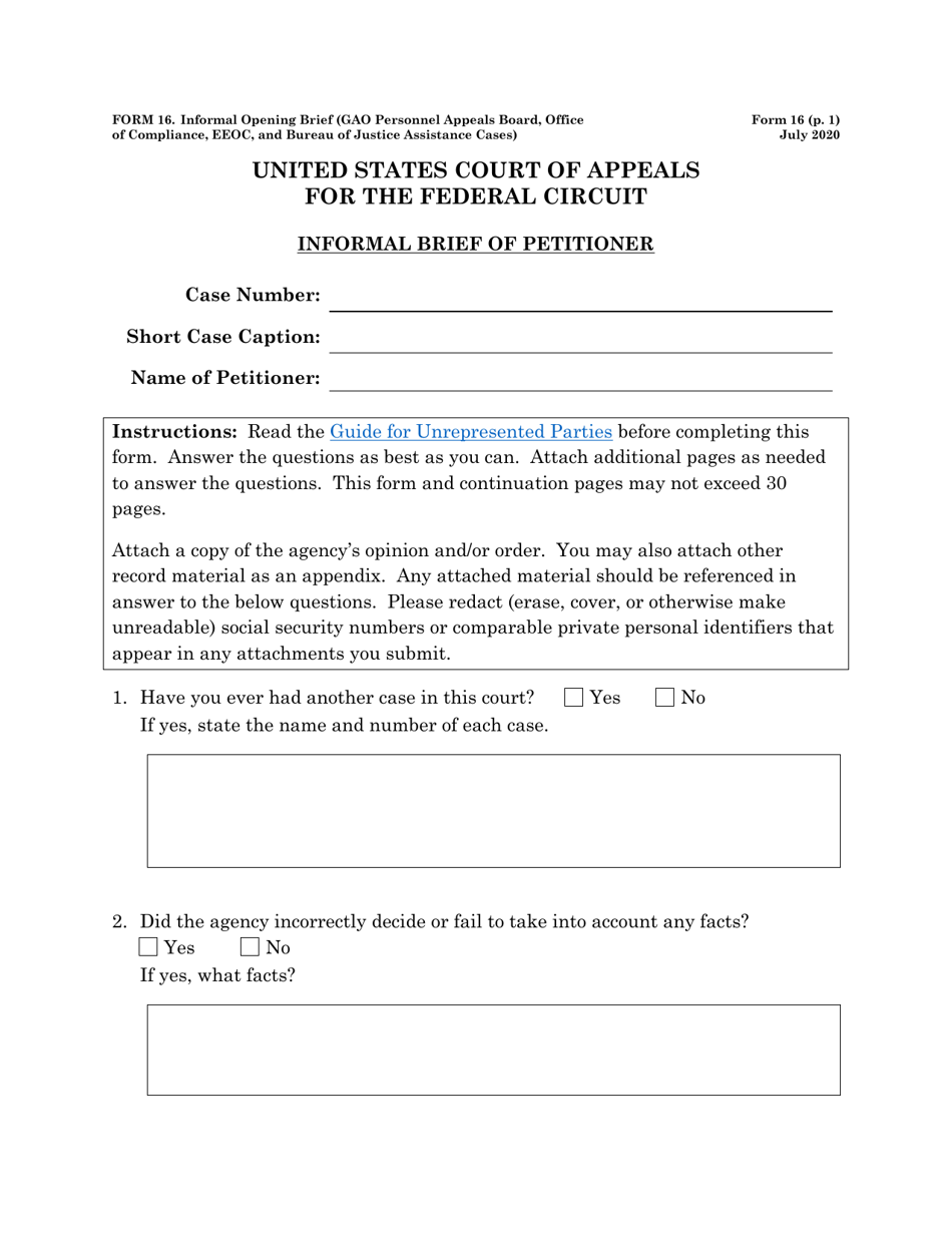 Form 16 Informal Brief (General Accounting Office Personnel Appeals Board, Office of Compliance, and Equal Employment Opportunity Commission Cases), Page 1
