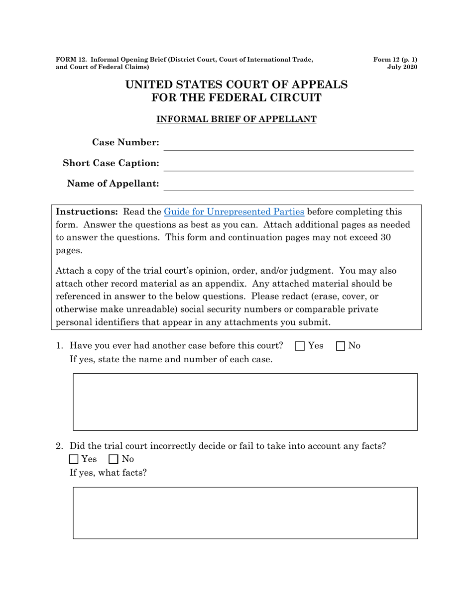 Form 12 Informal Brief (District Court, Court of International Trade, and Court of Federal Claims Cases), Page 1
