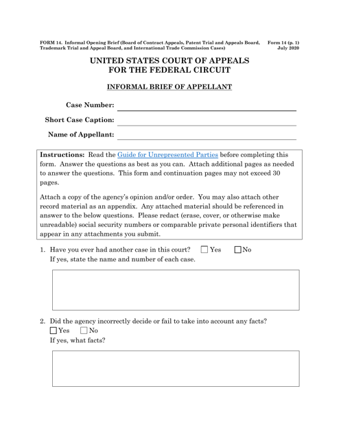 Form 14 Informal Brief (Board of Contract Appeals, Board of Patent Appeals and Interferences, Trademark Trial and Appeal Board, and International Trade Commission Cases)