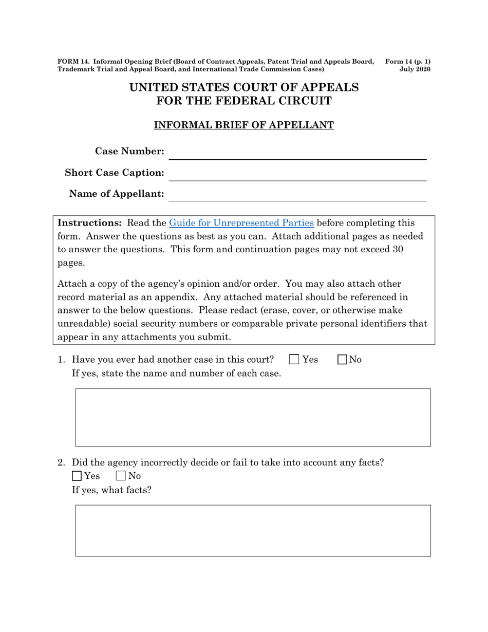 Form 14 Informal Brief (Board of Contract Appeals, Board of Patent Appeals and Interferences, Trademark Trial and Appeal Board, and International Trade Commission Cases), Page 1