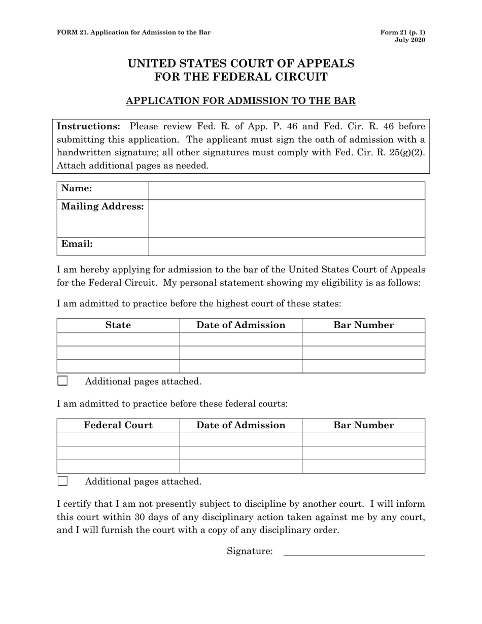Form 21 Application for Admission to the Bar, Page 1
