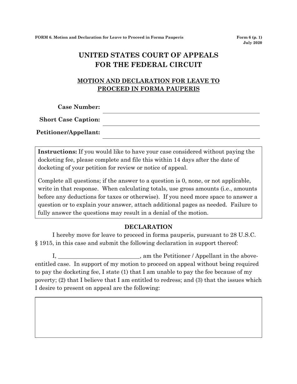 Form 6 Motion and Declaration for Leave to Proceed in Forma Pauperis, Page 1