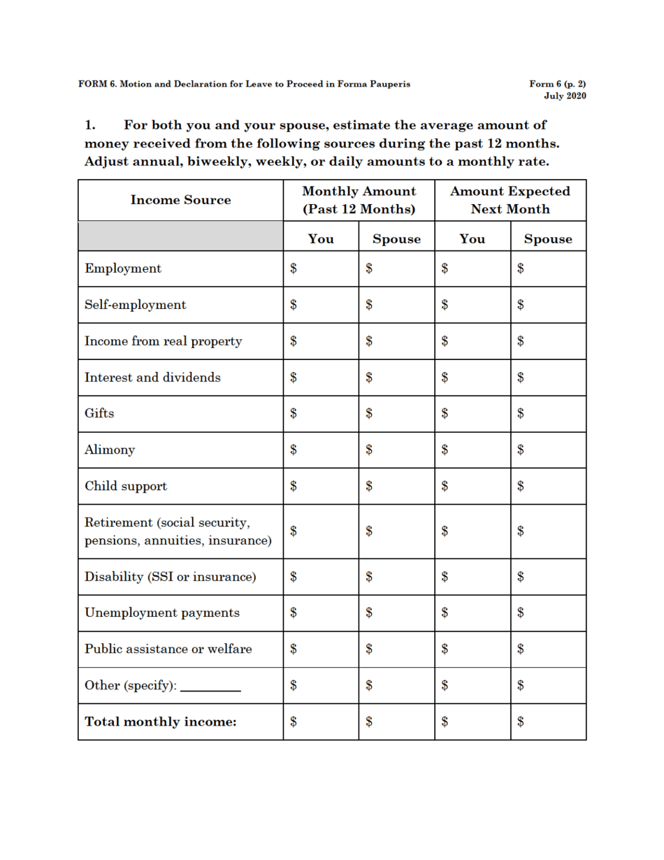 Form 6 Motion and Declaration for Leave to Proceed in Forma Pauperis, Page 2