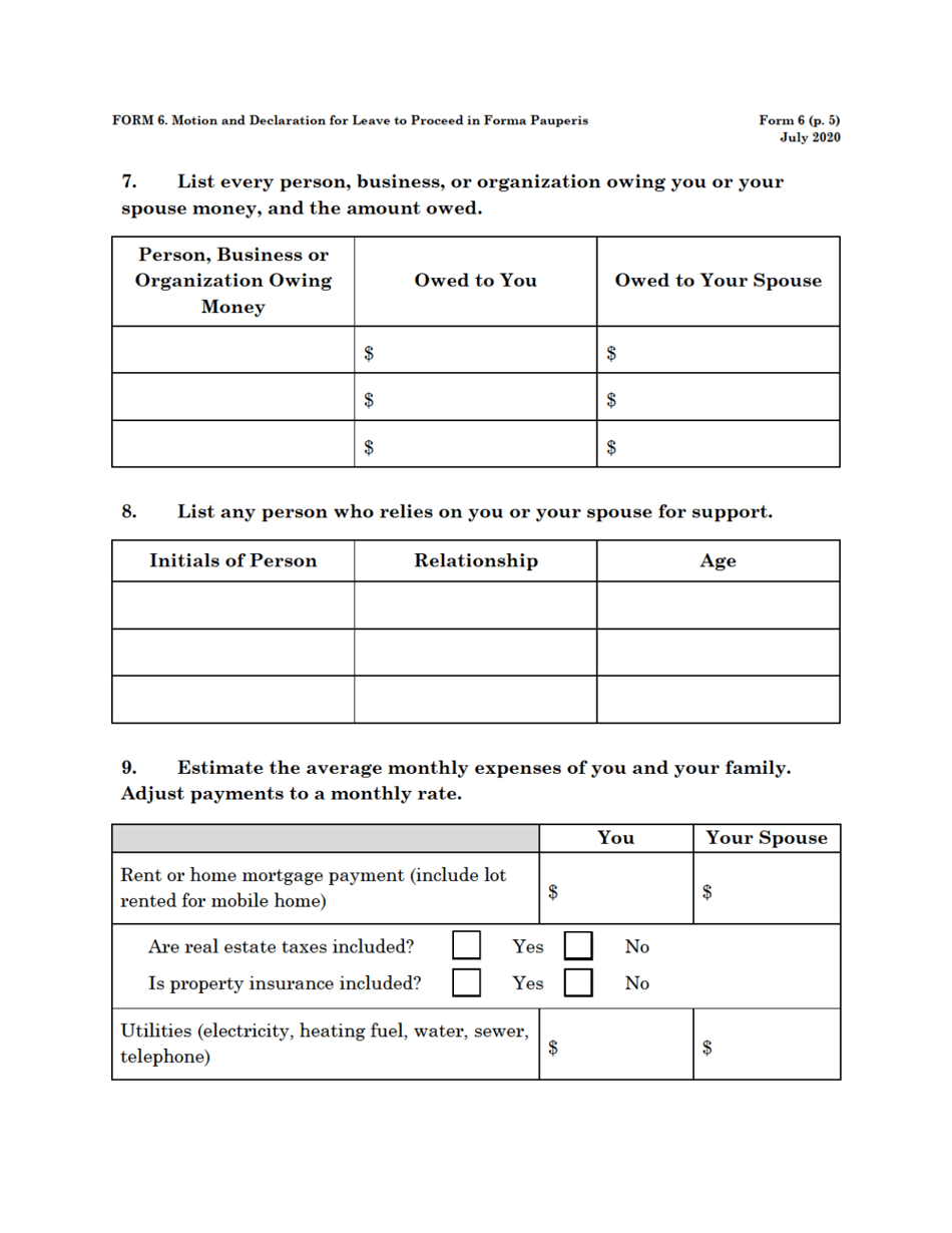 Form 6 Motion and Declaration for Leave to Proceed in Forma Pauperis, Page 5