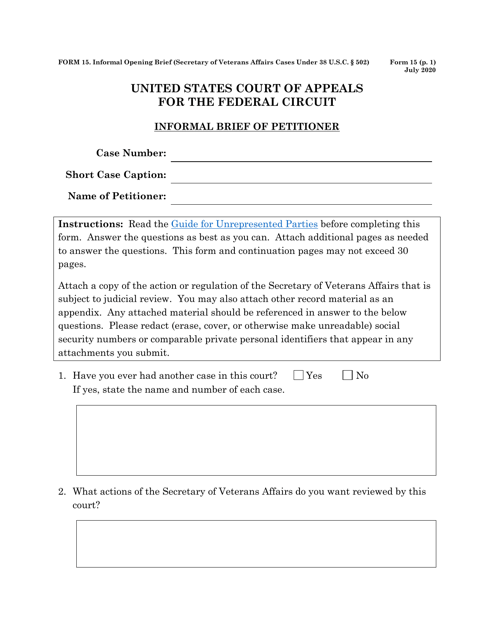 Form 15 Informal Brief of Petitioner (Secretary of Veterans Affairs Cases Under 38 U.s.c. 502)