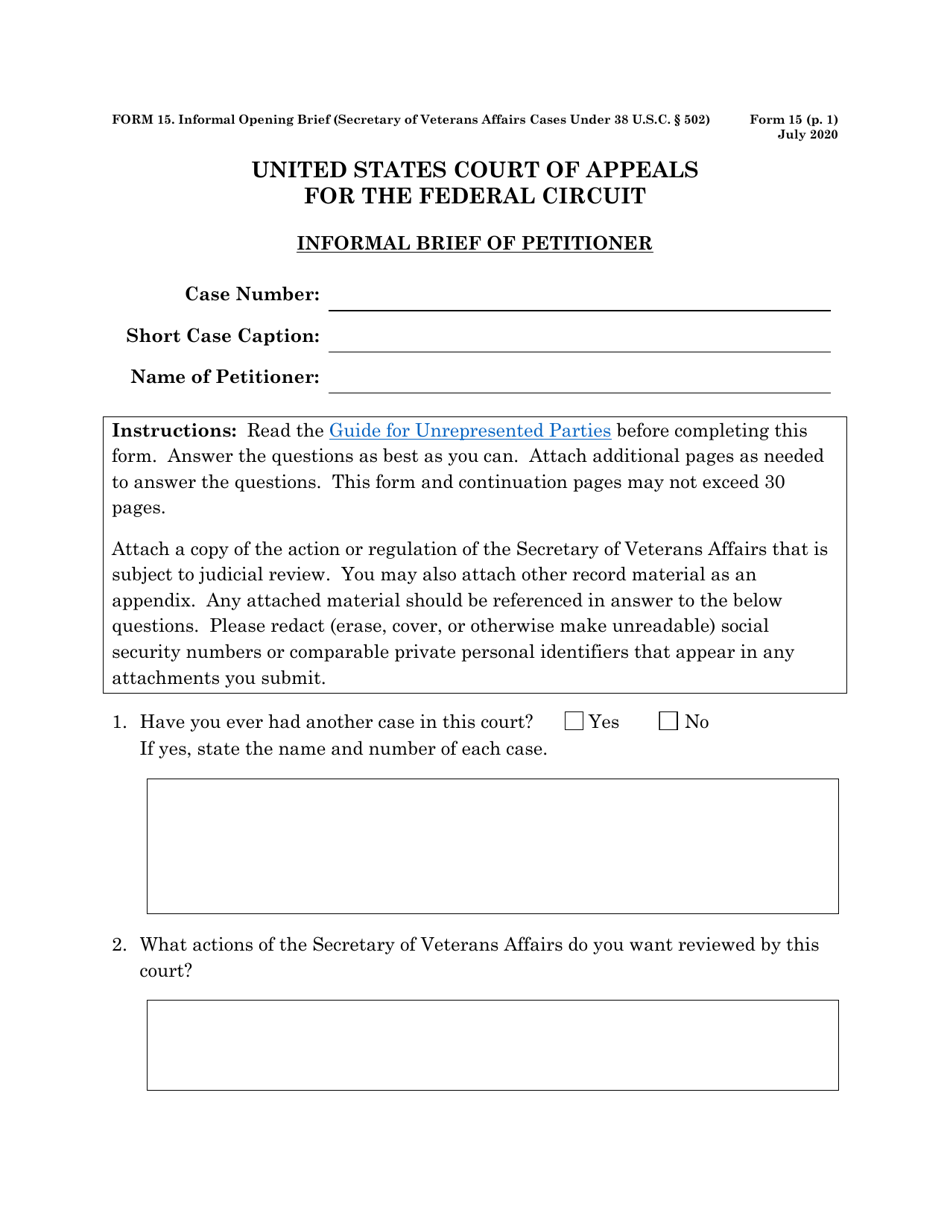 Form 15 Informal Brief of Petitioner (Secretary of Veterans Affairs Cases Under 38 U.s.c. 502), Page 1