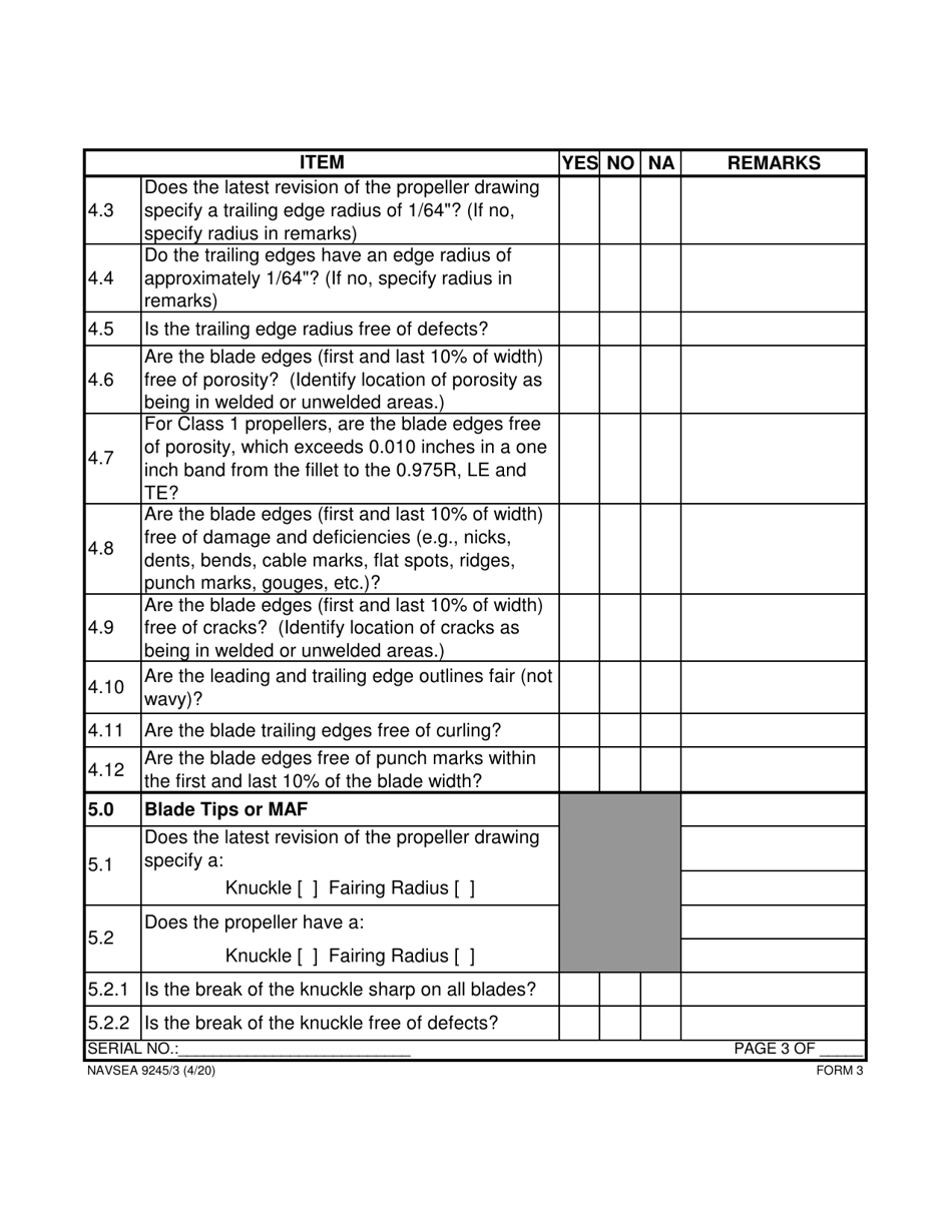 Form NAVSEA9245 / 3 Propeller Visual Technical Inspection Report, Page 3