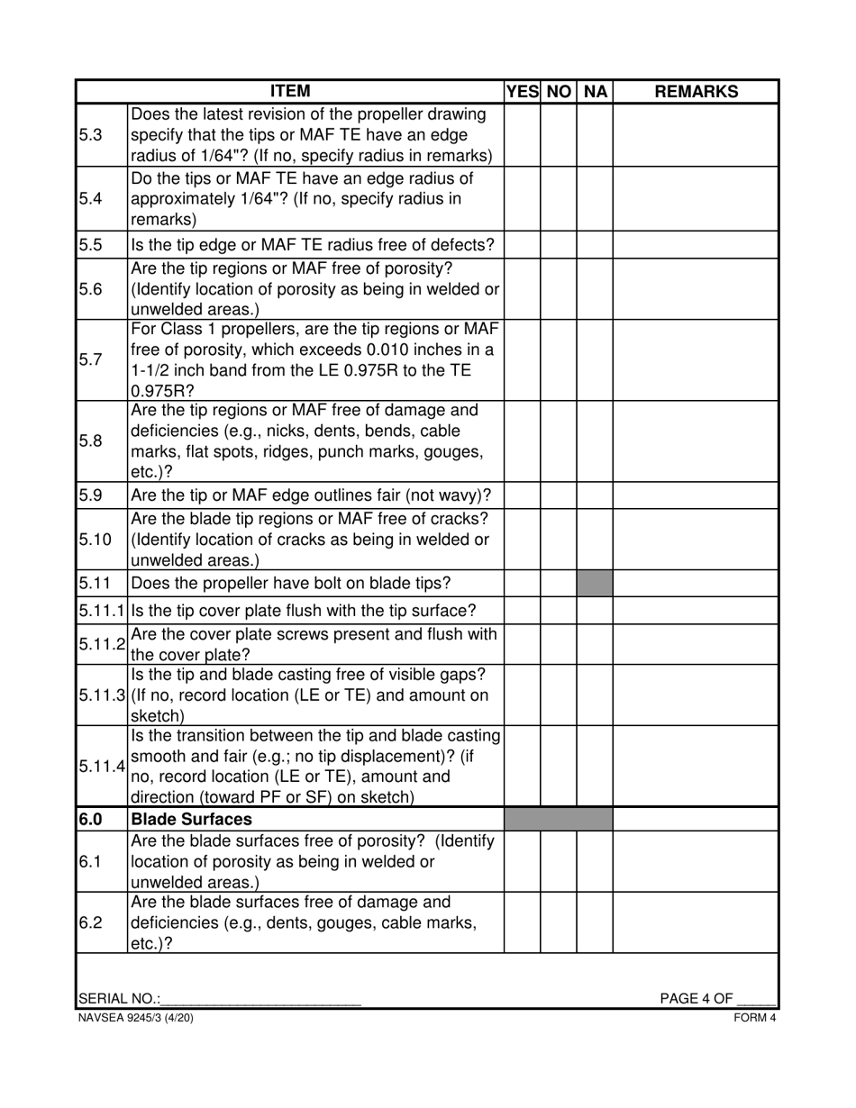 Form NAVSEA9245/3 Download Printable PDF or Fill Online Propeller ...