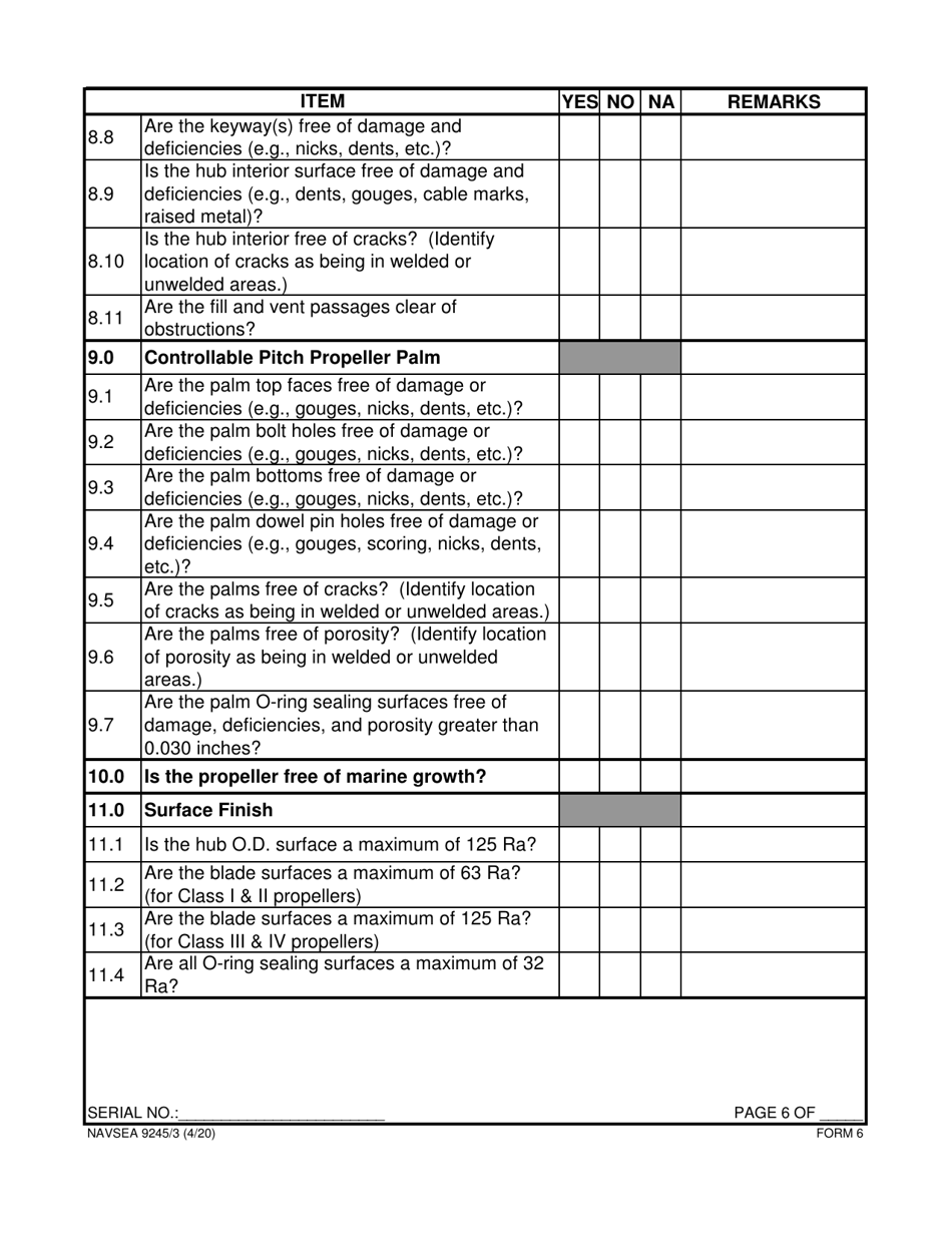 Form NAVSEA9245 / 3 Propeller Visual Technical Inspection Report, Page 6