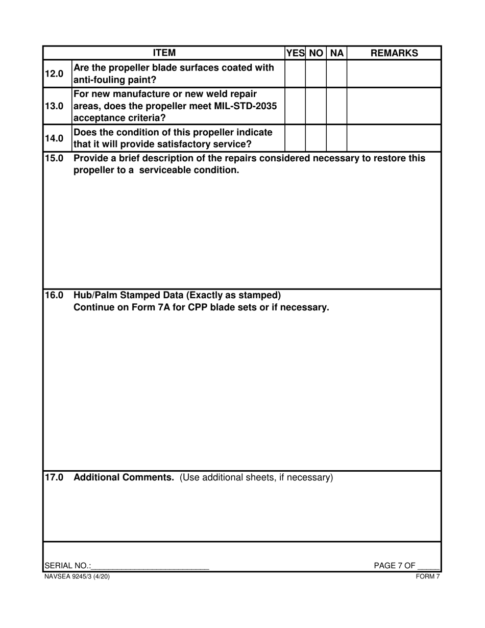 Form NAVSEA9245 / 3 Propeller Visual Technical Inspection Report, Page 7