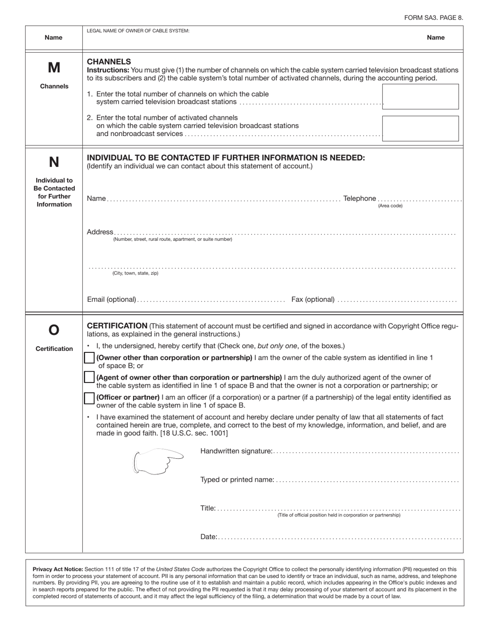 Form SA3 Statement of Account for Secondary Transmissions by Cable Systems (Long Form), Page 11