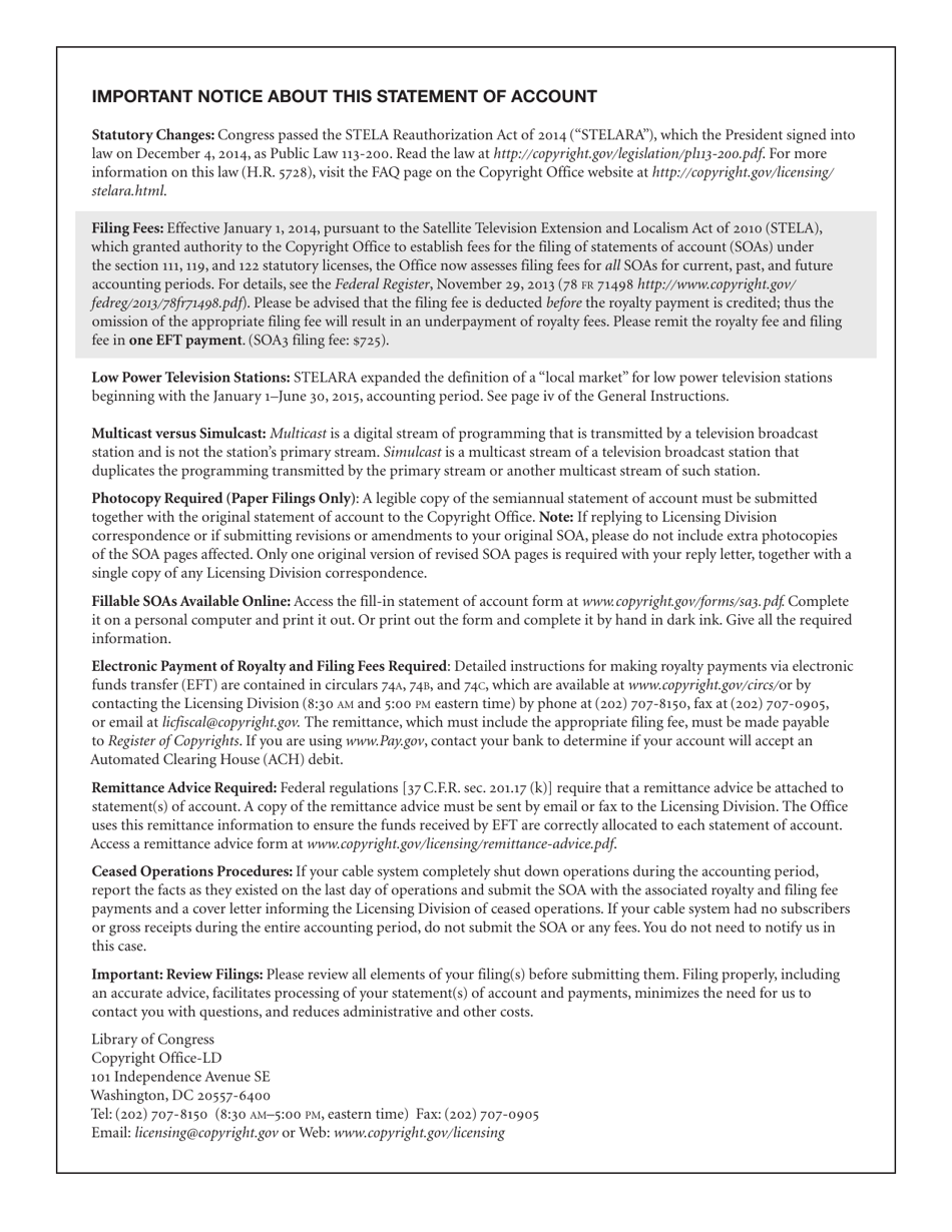 Form SA3 Statement of Account for Secondary Transmissions by Cable Systems (Long Form), Page 2