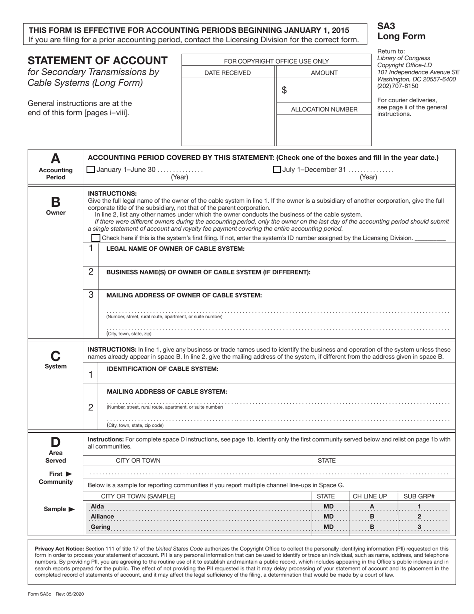 Form SA3 Statement of Account for Secondary Transmissions by Cable Systems (Long Form), Page 3