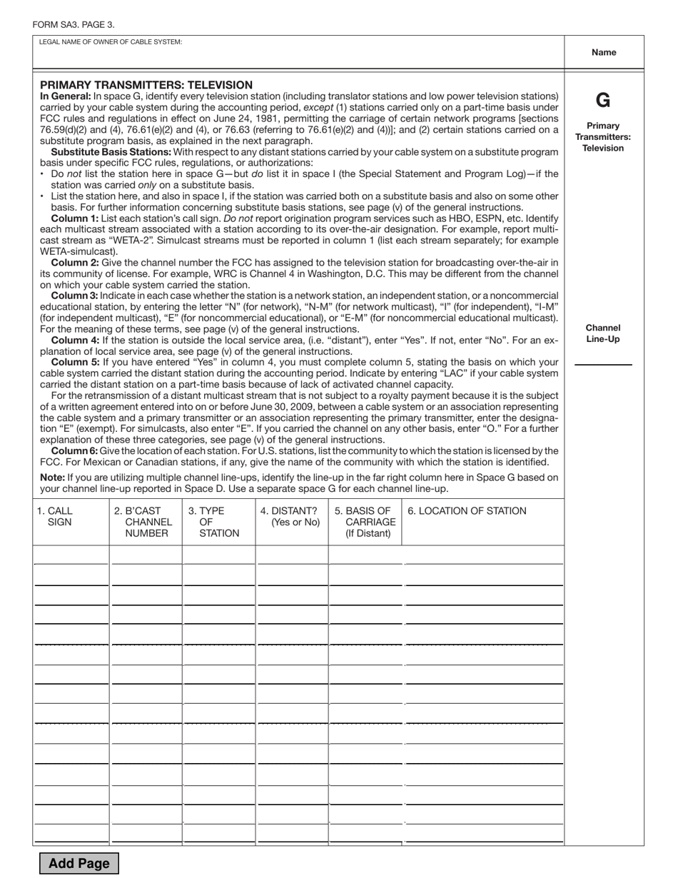 Form SA3 Statement of Account for Secondary Transmissions by Cable Systems (Long Form), Page 6