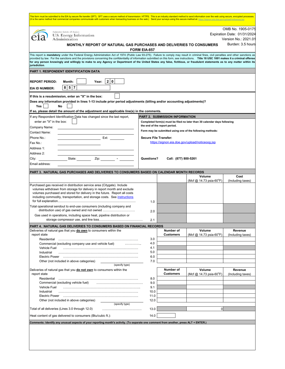 Form EIA-857 Monthly Report of Natural Gas Purchases and Deliveries to Consumers, Page 1