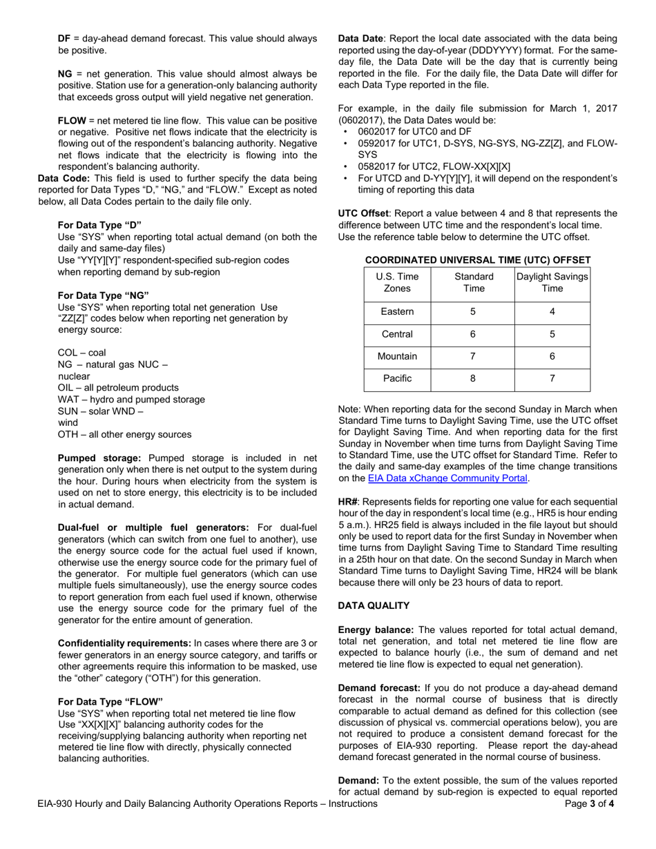 Instructions for Form EIA-930 Hourly and Daily Balancing Authority Operations Report, Page 3