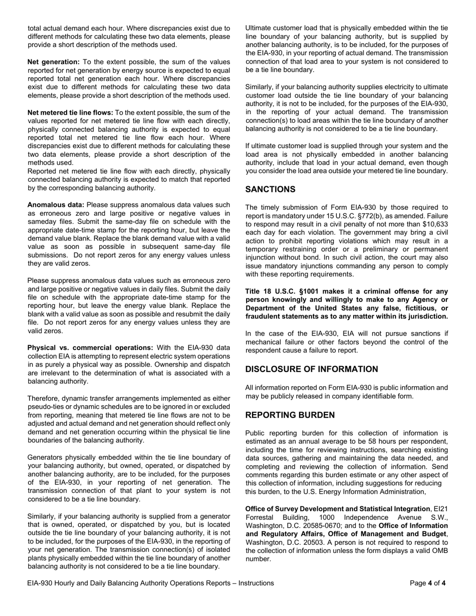 Instructions for Form EIA-930 Hourly and Daily Balancing Authority Operations Report, Page 4