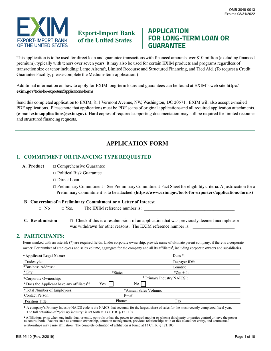 Form EIB95-10 Application for Long-Term Loan or Guarantee, Page 1