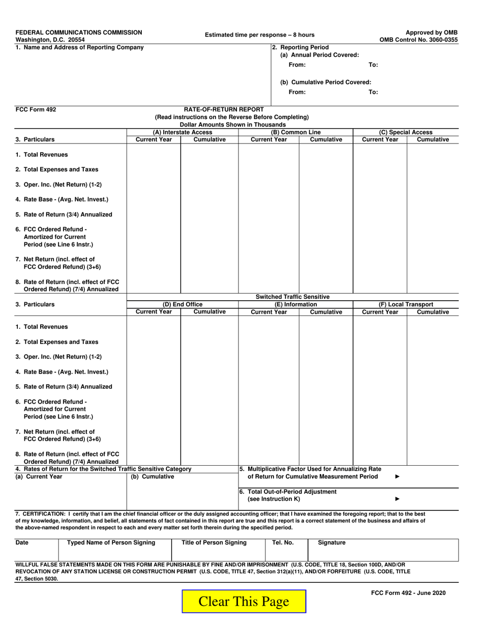 FCC Form 492 Download Fillable PDF Or Fill Online Rate Of Return Report 